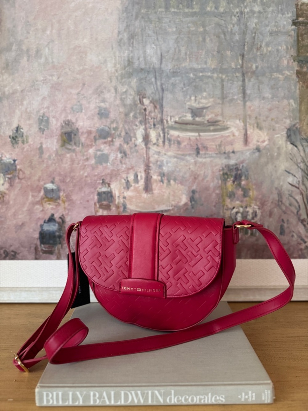 Tommy Hilfiger Red Crossbody Saddle Bag with Embossed Detail